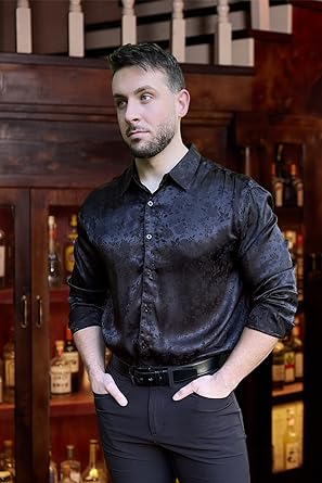 COOFANDY Men's Silk Satin Dress Shirts Jacquard Long Sleeve Floral Button Up Shirts Party Prom Wedding Shirt