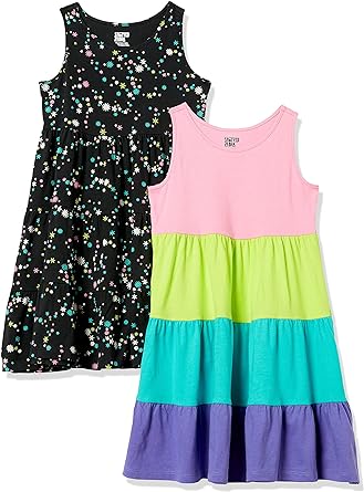Amazon Essentials Girls and Toddlers' Knit Sleeveless Tiered Dresses (Previously Spotted Zebra), Pack of 2