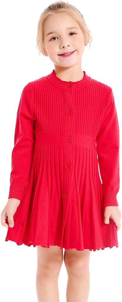 SMILING PINKER Little Girls Pleated Dress School Uniform Long Sleeve Button Front Knit Sweater Dress