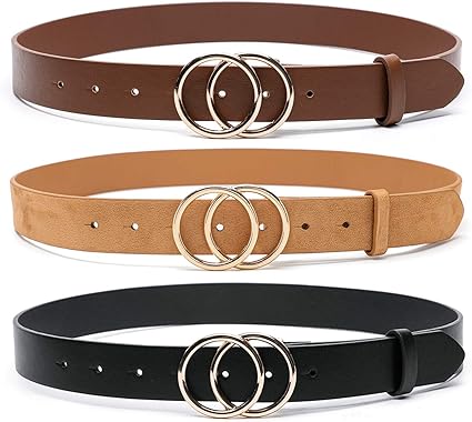 MORELESS 3 Pack Women's Faux Leather Belts for Jeans Dress Pants, Fashion Waist Belts with Double O-Ring Buckle