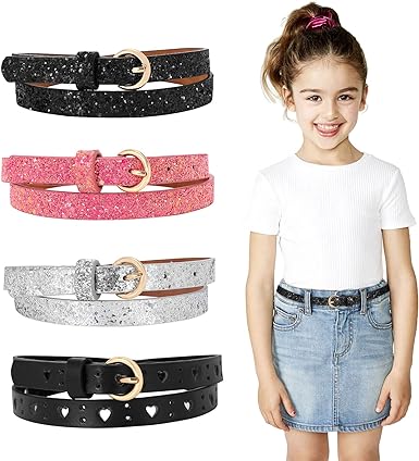 JASGOOD 4 Pack 3 Pack Kids Skinny Belts Glitter PU Leather Belt for Girls Colorful Girl Belt with Gold Buckle for Jeans Dress
