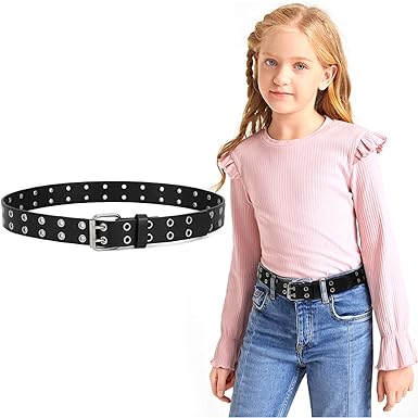 JASGOOD Kids Double Grommet Belt for Girls and Boys, PU Leather Kids Double Studded Holes Belt for Jeans Pants