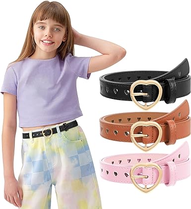 JASGOOD 3 Pack Kids Belts for Girls Heart Buckle Leather Girls Belt Hollow Waist Belt for Jeans Pants
