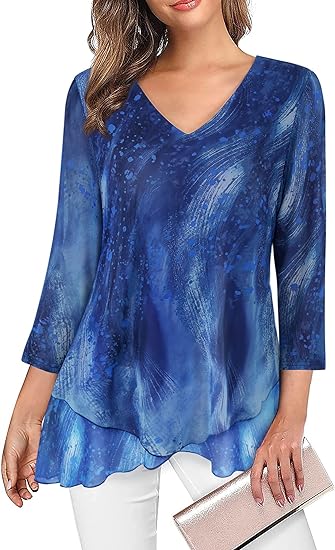 SeSe Code Womens Dressy 3/4 Sleeve Tunic Tops Asymmetric Hem Blouses Lightweight Mesh Shirt