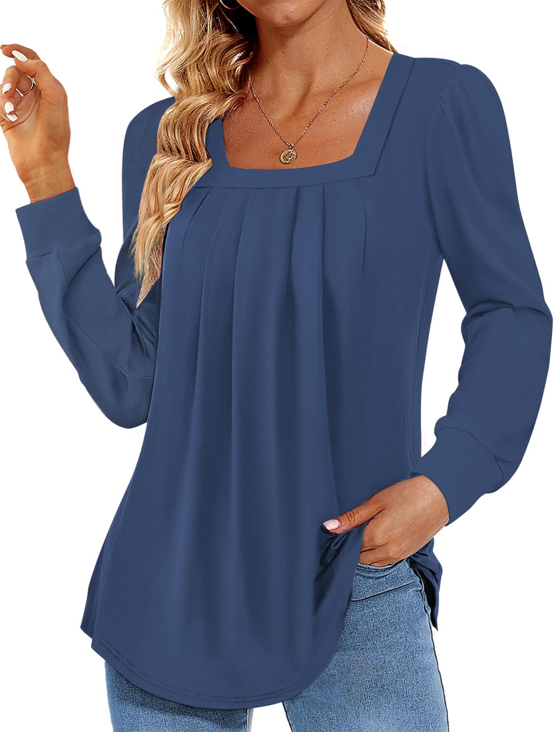 Funlingo 2024 Women's Long Sleeve Tops Dressy Pleated Square Neck Tunic Blouses Casual Loose Shirts