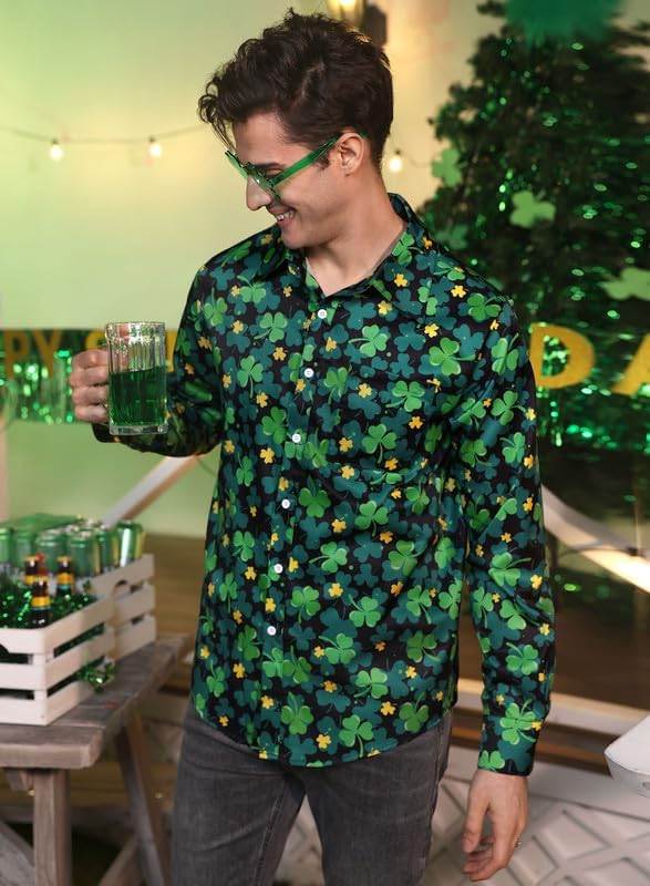 Arvilhill St Patrick's Day Men's Shamrock Printed Long Sleeves Button Down Shirt