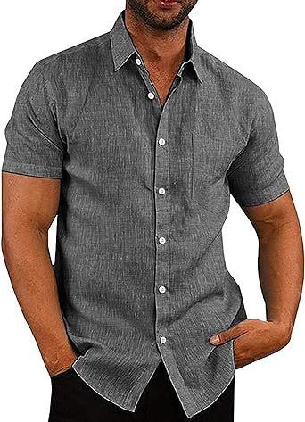 COOFANDY Men's Linen Shirts Casual Button Down Short Sleeve Summer Beach Dress Shirt