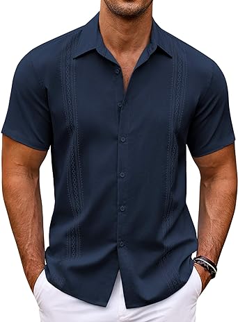 COOFANDY Men's Cuban Guayabera Shirt Short Sleeve Button Down Shirts Casual Summer Beach Shirts