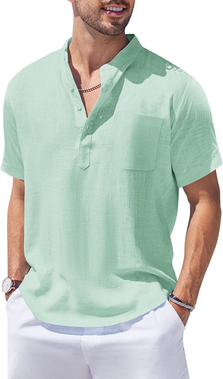 COOFANDY Men's Cotton Linen Henley Shirt Short Sleeve Hippie Casual Beach T Shirts with Pocket