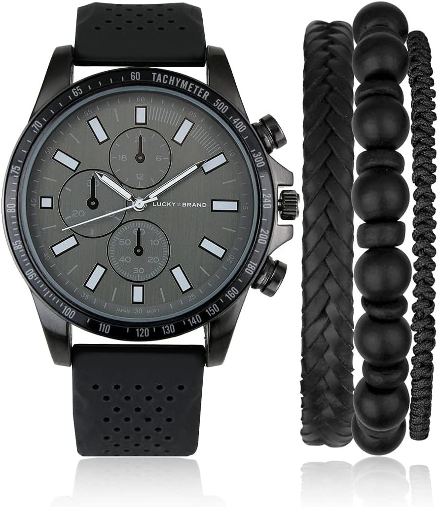 Lucky Brand Mens Watches Perforated Silicon Band Stainless Steel Japan Movement Sport Men's Wrist Watches Decorative Sub Dials Bracelet Gift Box Set