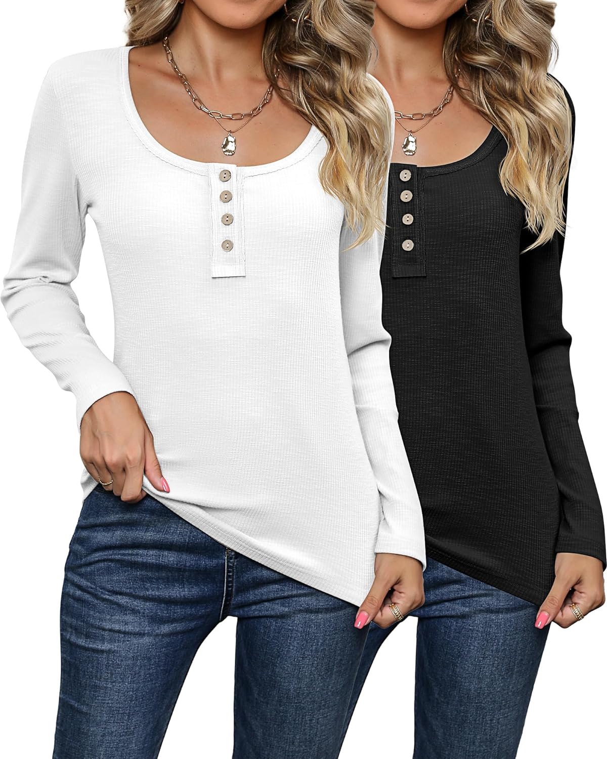 Riyiper 2 Pcs Women's Long Sleeve Henley T-Shirts Casual Fitted Tops Blouses Ribbed Slim Scoop Neck Button Down Tops Tunic