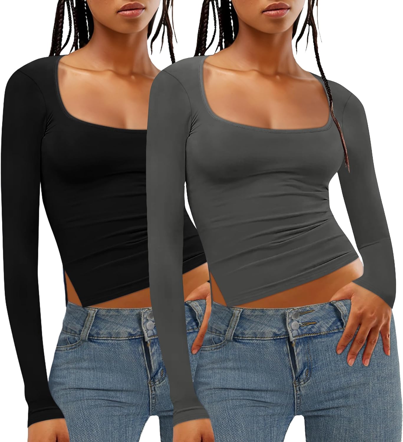 Rapbin Womens Long Sleeve Crop Tops Cute Sexy Going Out Y2k T Shirts Outfits with Side Slits Trendy Clothes 2024