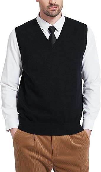Kallspin Men's Wool Blended Relaxed Fit Sweater Vests Knit V-Neck Sleeveless Sweater
